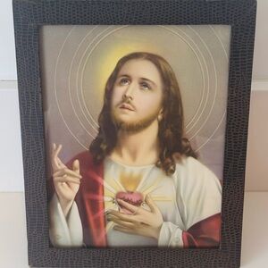 ITALY Lizard Skin LEATHER FRAME JESUS CHRIST Orig Vintage Fine Art Print Antique
